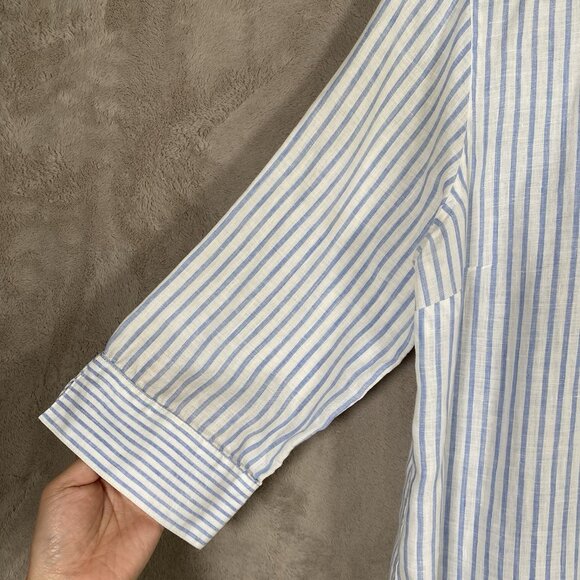 Chicos No Iron 100% Linen Shirt 2 Button Up Blue Striped Beachy Coastal Preppy - Picture 8 of 15